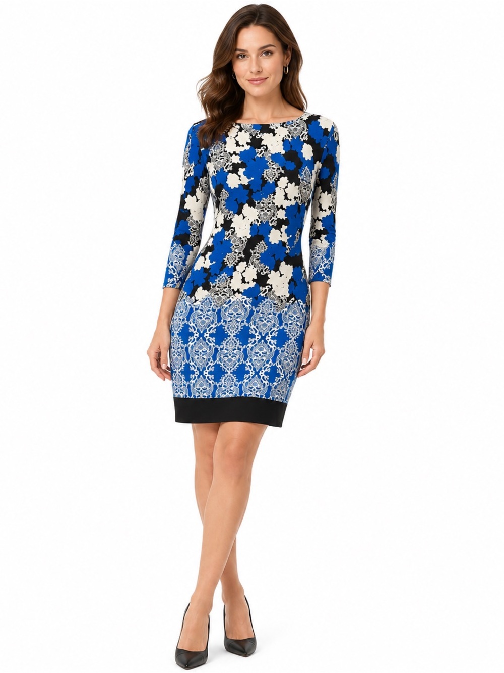 Royal Blue Floral Sheath Dress Stretch Career Wedding Guest Size 6 Office